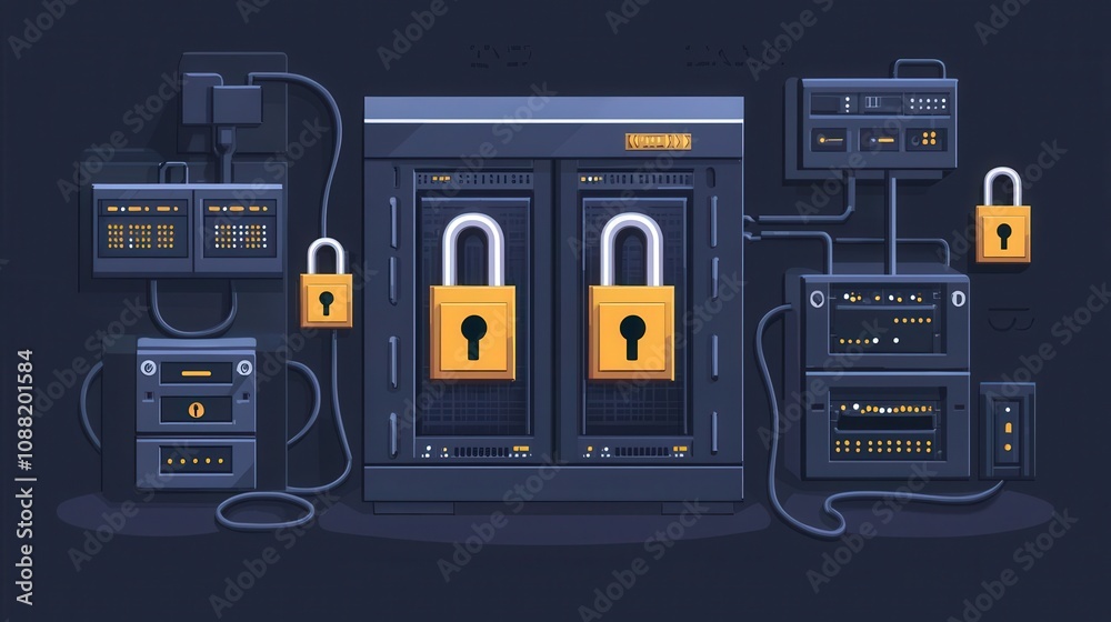 A digital illustration featuring secure data storage with padlocks, wires, and control panels, emphasizing cybersecurity and data protection. A digital illustration featuring secure data storage with padlocks, wires, and control panels, emphasizing cybersecurity and data protection.