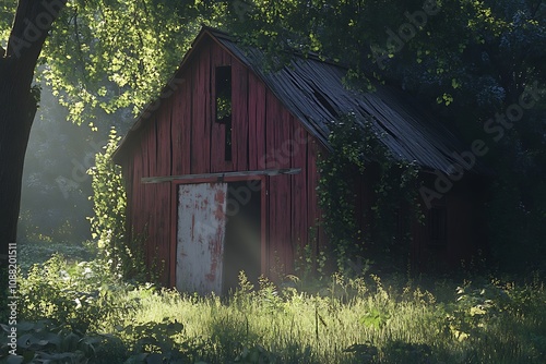 A weathered red barn surrounded by lush greenery and soft sunlight filtering through trees.