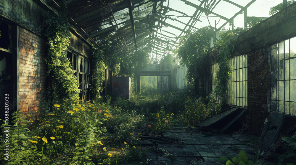 Abandoned industrial factory overtaken by nature, with vines and wildflowers reclaiming space. Abandoned industrial factory overtaken by nature, with vines and wildflowers reclaiming space.