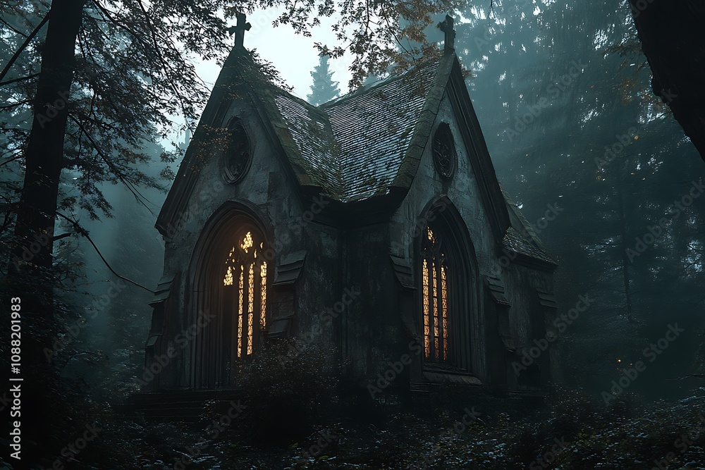 Obraz premium A mysterious, moss-covered chapel surrounded by foggy forest, illuminated by soft light.