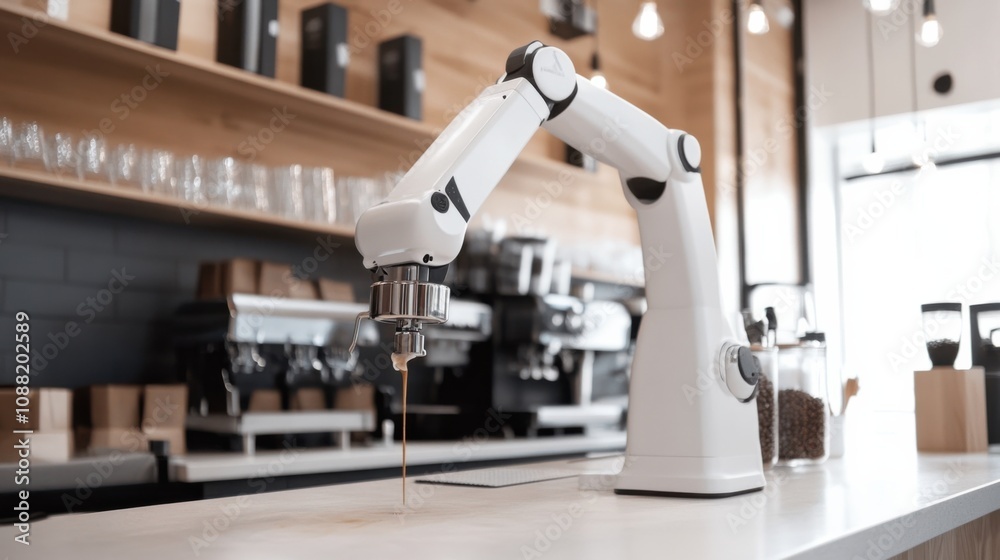 Fototapeta premium A robotic barista crafting artisanal coffee in a minimalist caf茅, chic and modern setting with specialty coffee beans and minimalist d茅cor, Artisan Coffee Robotics style