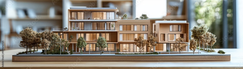 A detailed architectural model of a modern building, showcasing glass and wood elements, surrounded by miniature trees on a wooden base. A detailed architectural model of a modern building, showcasing glass and wood elements, surrounded by miniature trees on a wooden base.