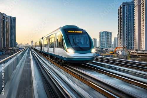 High-speed rail system development in an urban setting. Transportation engineers city planners and construction workers designing next-gen transit solutions 