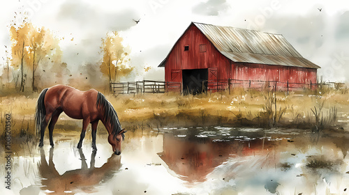 Watercolor idyllic scene of brown horse grazing near red barn with reflection in pond. Rustic Farmhouse Scene. Illustration