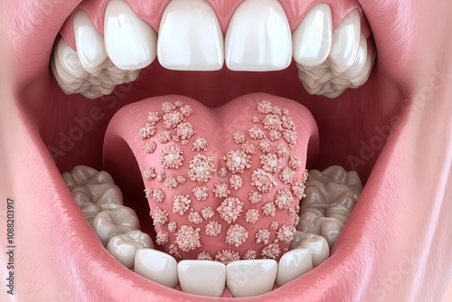 A close-up view of a wide-open mouth showcasing healthy teeth, a pink tongue, and visible taste buds.