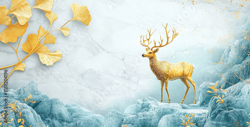 Golden deer and ginkgo leaves on a light blue background, 3D wallpaper photo