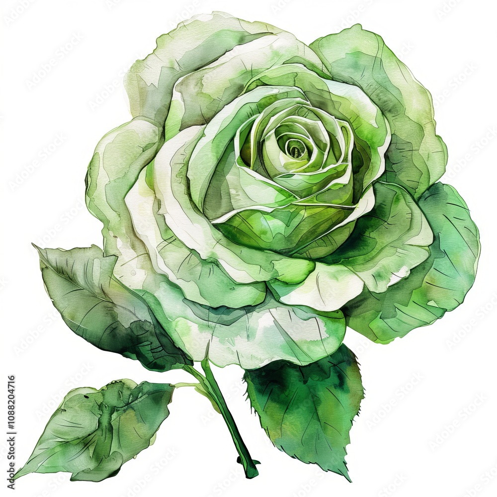Watercolor Green Rose Isolated on White Background. Beautiful Rose Flower