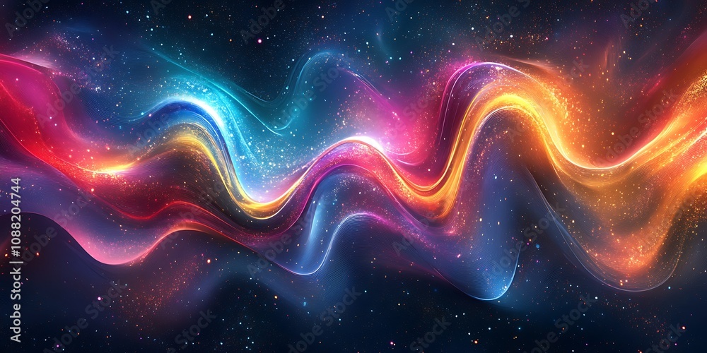 Fototapeta premium Vibrant, colorful energy waves flow through a cosmic, starry backdrop.