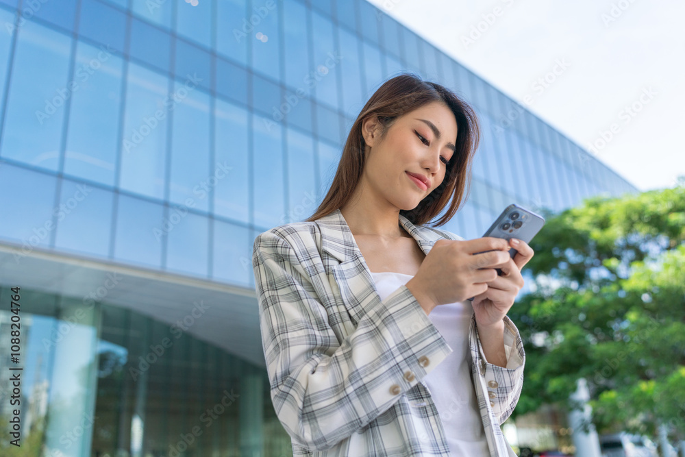 Casual Asian Businesswoman Using Phone In Front A Modern Glass Office Building In The City Casual Asian Businesswoman Using Phone In Front A Modern Glass Office Building In The City