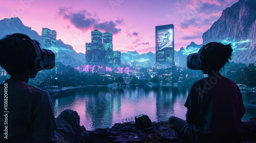Wallpaper Mural Futuristic Cityscape VR Experience: Cyberpunk Sunset Lake Torontodigital.ca