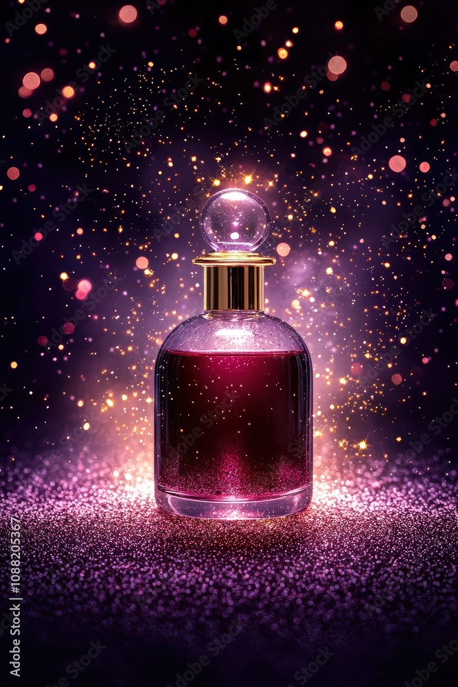 A stunning purple perfume bottle surrounded by sparkling particles, creating an enchanting and luxurious atmosphere.