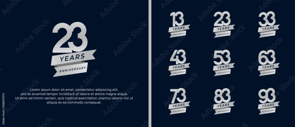 set of anniversary logo flat silver color on black background for celebration moment set of anniversary logo flat silver color on black background for celebration moment