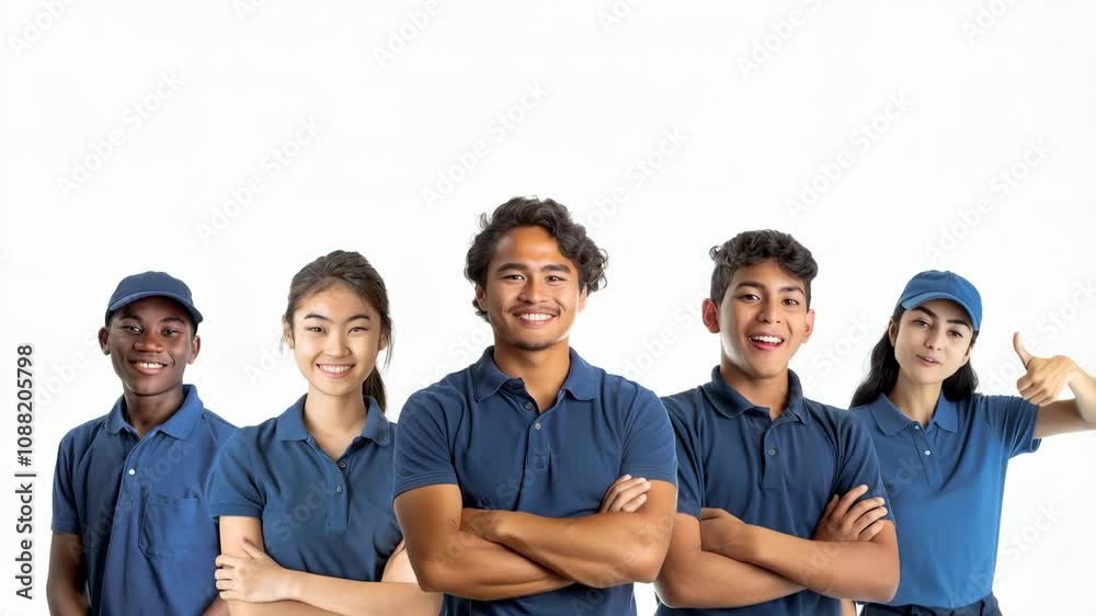 Group of young diverse individuals in blue uniforms and caps, posing confidently. Service industry attire. White background Group of young diverse individuals in blue uniforms and caps, posing confidently. Service industry attire. White background