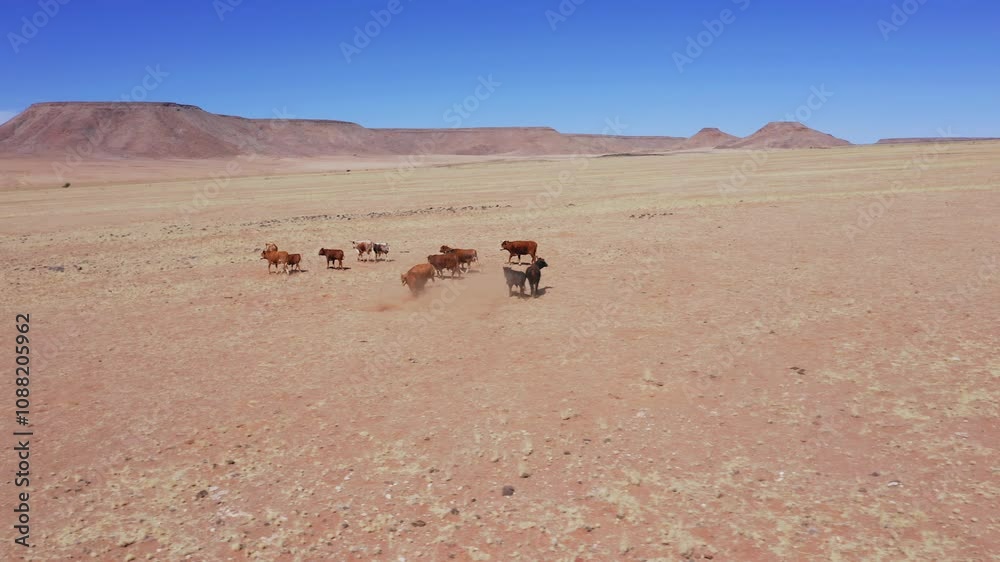 Aerial: Following from the side a herd of brown cows running in the Namib desert Aerial: Following from the side a herd of brown cows running in the Namib desert