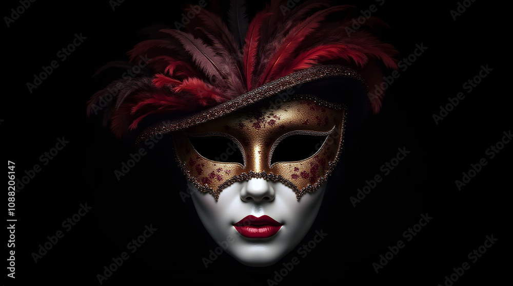 Venetian mask with ornate details and feathers, dramatic and mysterious appearance Venetian mask with ornate details and feathers, dramatic and mysterious appearance