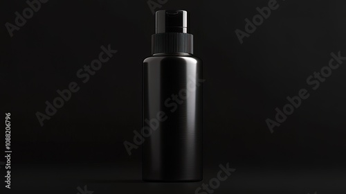 Black plastic spray bottle with a black cap, standing on a black surface.