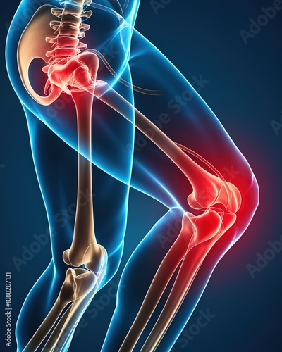 Close-up of knee pain, a close-up on the joint with an X-ray effect showing bones and cartilages in a normal state and one ankle bone strangely shaped.