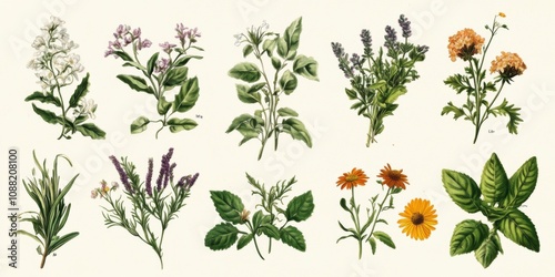 Vintage Botanical Illustrations Herbs Flowers Plants Text Space