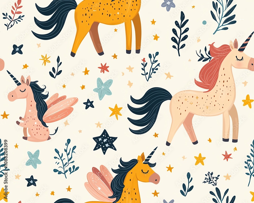 Obraz premium A Seamless Pattern Colorful unicorn pattern featuring various styles and whimsical elements.