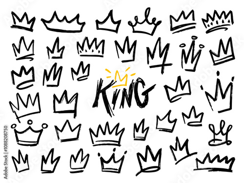 Set of crown icon in brush stroke texture paint style. hand drawn illustration