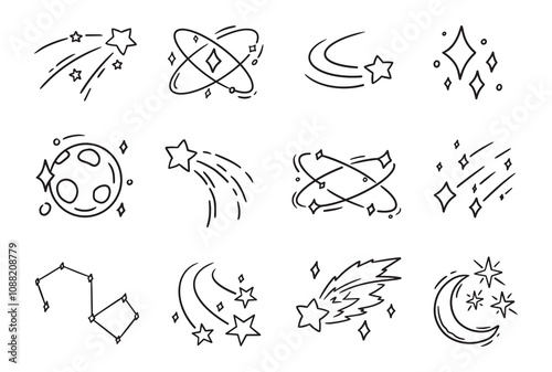 Shooting Star and Galaxy line art doodle handdrawn vector illustration