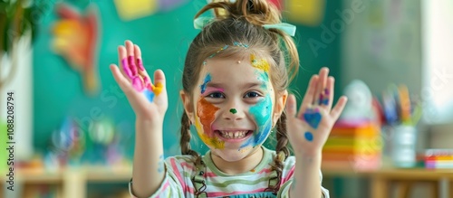 A little girl laughing happily with her two colorfully painted palms on her face. photo