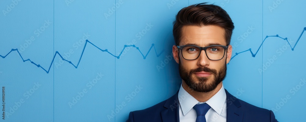 A professional man in glasses stands confidently against a blue backdrop featuring a rising graph, symbolizing growth and success. A professional man in glasses stands confidently against a blue backdrop featuring a rising graph, symbolizing growth and success.