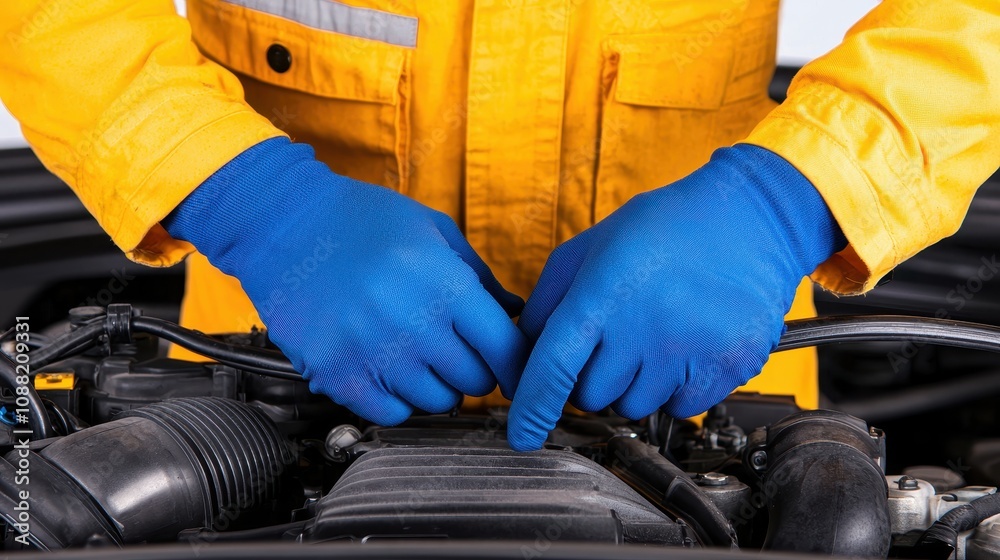 Fototapeta premium A mechanic in a yellow jacket and blue gloves repairs an engine, focusing on maintenance and precision in automotive service.