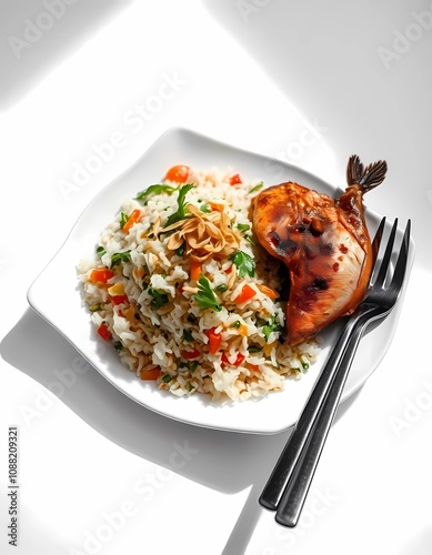 A plate of nasi ulam with fragrant rice, fresh herbs, vegetables, and spices, served with fried fish or chicken and garnished with crispy shallots, on a white plate against a minimalist background.  photo