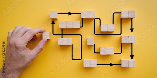 Connecting the Dots: A hand carefully places a wooden block into a complex flowchart, symbolizing a strategic approach to problem-solving and process optimization.  