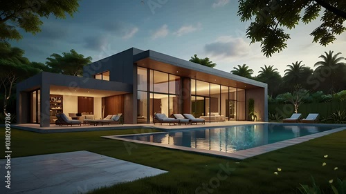 A luxury house in the middle of the forest with a swimming pool. Seamless 4K looping timelapse video animation background