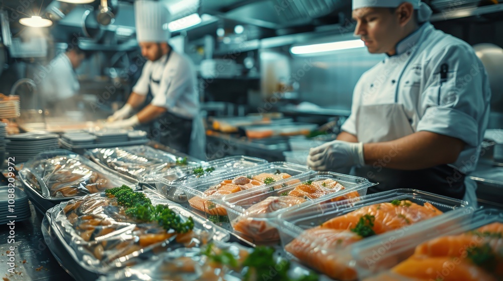 A busy kitchen scene with chefs preparing and packaging various dishes, showcasing vibrant ingredients and meticulous culinary craftsmanship. A busy kitchen scene with chefs preparing and packaging various dishes, showcasing vibrant ingredients and meticulous culinary craftsmanship.