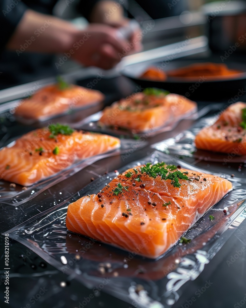 Fresh salmon fillets are neatly arranged in vacuum-sealed packaging, garnished with herbs and spices, showcasing a vibrant orange color. Fresh salmon fillets are neatly arranged in vacuum-sealed packaging, garnished with herbs and spices, showcasing a vibrant orange color.
