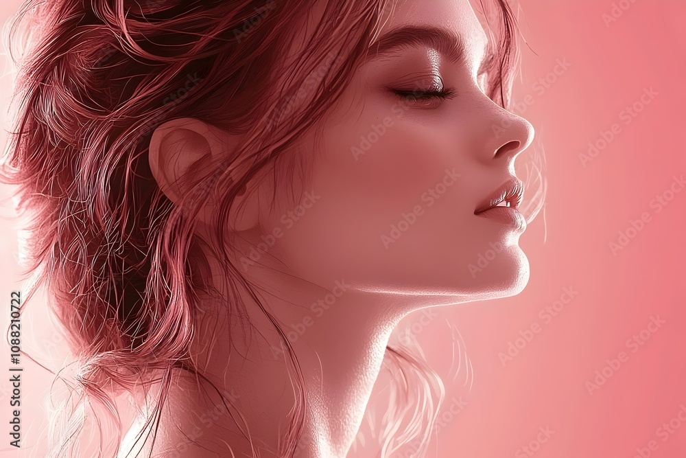 A serene profile of a young female model with light skin and soft, tousled hair, set against a delicate pink backdrop. Her expression exudes tranquility and elegance. A serene profile of a young female model with light skin and soft, tousled hair, set against a delicate pink backdrop. Her expression exudes tranquility and elegance.