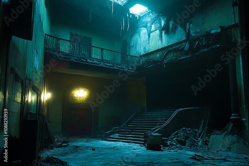 Wallpaper Mural An eerie, abandoned interior with a grand staircase and dim lighting. Torontodigital.ca