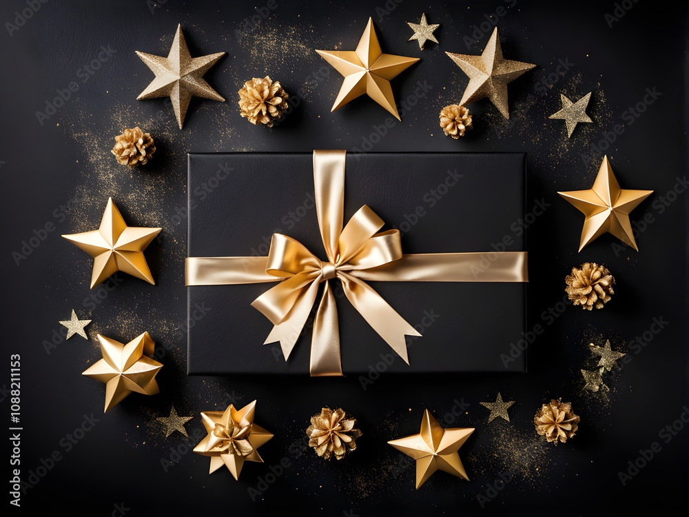 Black Friday sale flat lay with stylish gift box present and ribbon with gold star glitter on black background, flat lay, top view, copy space, xmas and holidays concept Black Friday sale flat lay with stylish gift box present and ribbon with gold star glitter on black background, flat lay, top view, copy space, xmas and holidays concept