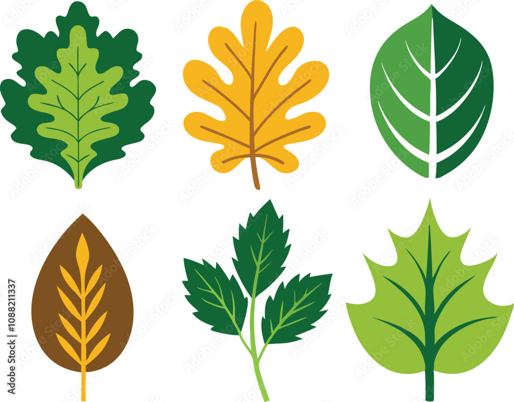 Fototapeta premium Vector Silhouette Icon Set of Oak and Summer Leaves in Green Tones