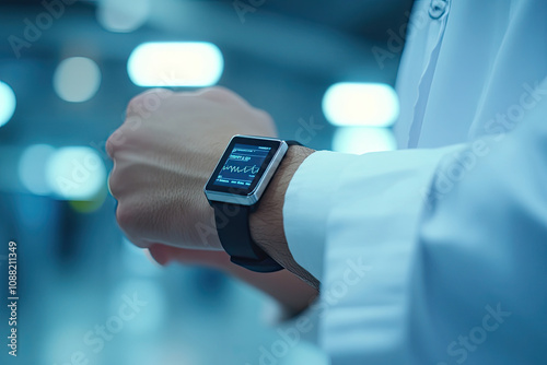 Smart wearable technology in healthcare monitoring. Biomedical engineers doctors and tech developers improving patient care with real-time data