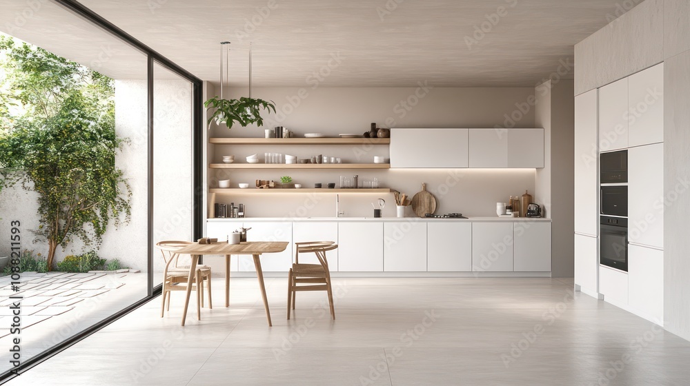 Fototapeta premium The kitchen is simple and modern with white cabine