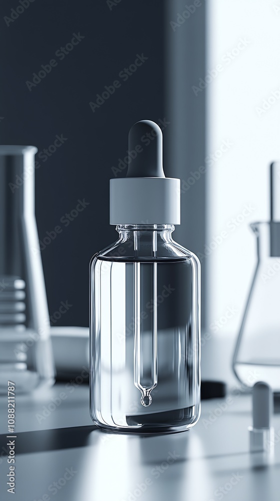 Minimalist glass dropper bottle on laboratory table with blurred scientific instruments : Generative AI Minimalist glass dropper bottle on laboratory table with blurred scientific instruments : Generative AI