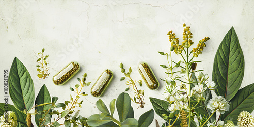Herbal Capsules with Green Leaves for Natural Medicine Concept