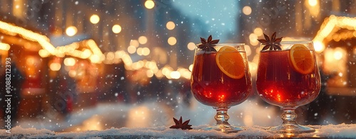 Two glasses of hot mulled spicy wine with cookies at a Christmas market illuminated at night in decembe