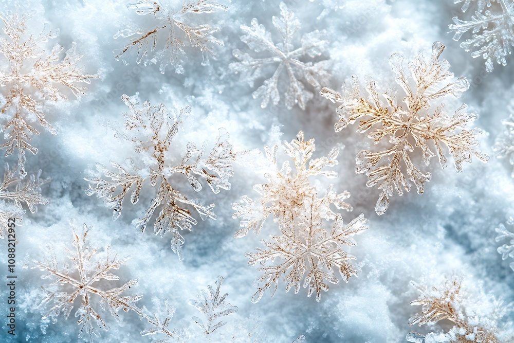 Closeup of intricate snowflakes resting on soft snow crystals under bright winter sunlight : Generative AI Closeup of intricate snowflakes resting on soft snow crystals under bright winter sunlight : Generative AI