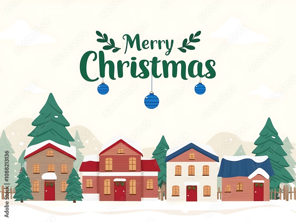 Merry Christmas Winter Village Houses Snow Scene Merry Christmas Winter Village Houses Snow Scene