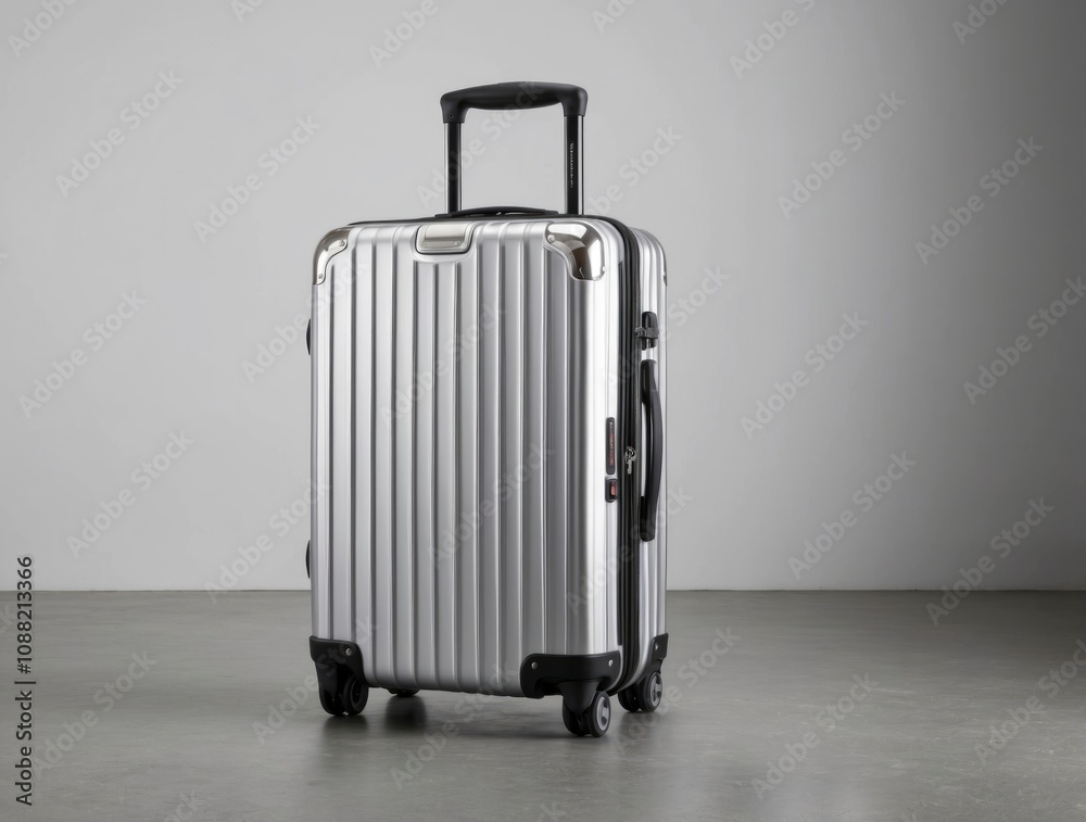 Studio shot of silver rolling suitcase - generative ai Studio shot of silver rolling suitcase - generative ai
