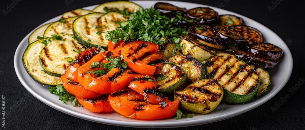 A vibrant platter of grilled vegetables, featuring zucchini, bell peppers, and eggplant, garnished with fresh herbs on a black background. A vibrant platter of grilled vegetables, featuring zucchini, bell peppers, and eggplant, garnished with fresh herbs on a black background.