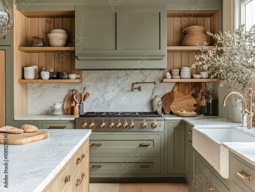 Elegant Green Kitchen With Marble Countertops And Wooden Accents