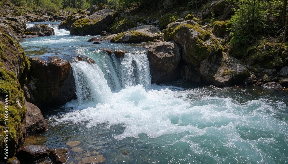 Fototapeta premium Mountain Stream with Waterfall Flowing Through Rocks