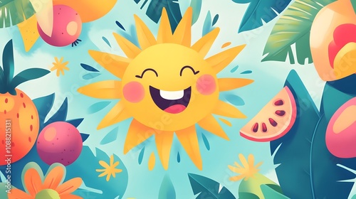Bright and joyful summer illustration with smiling suns, tropical fruits, and fun typography, conveying a love for summer vibes.

