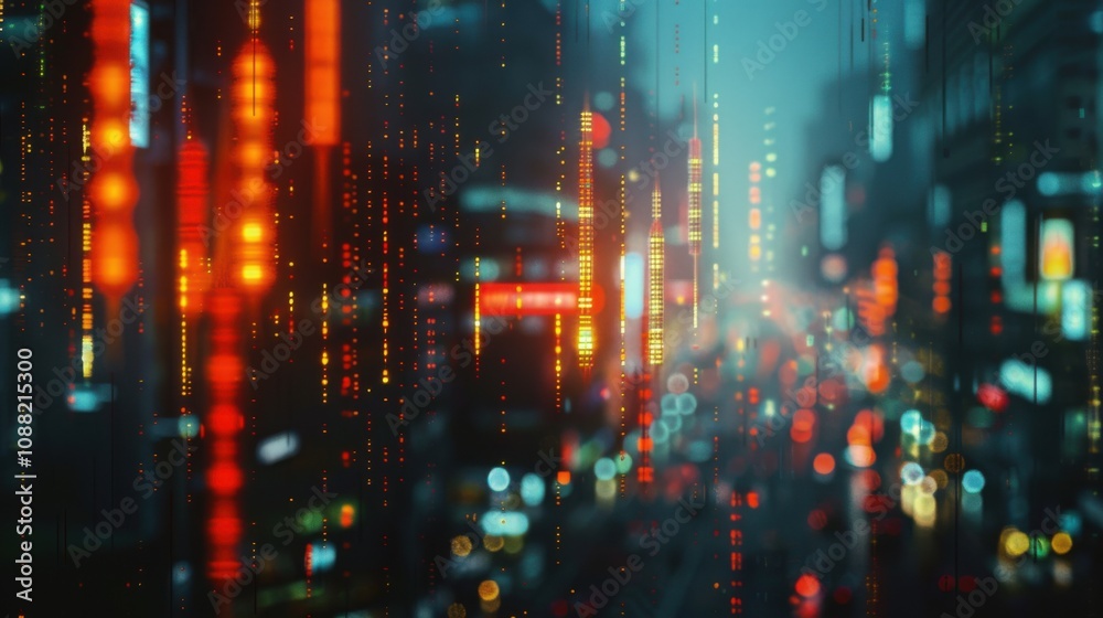 Obraz premium Creative glowing big data forex candlestick chart on blurry city background. Trade, technology, investment and analysis concept. Double exposure